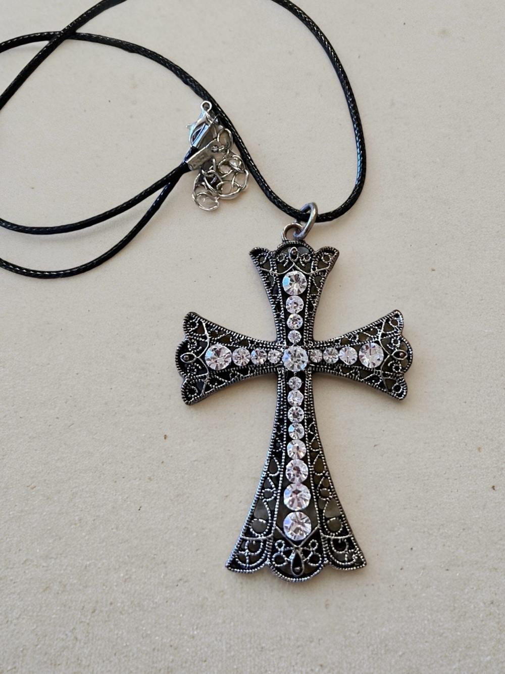Vintage 80’s Decorative Cross Pendant Necklace - Black Cord, Silver Accent